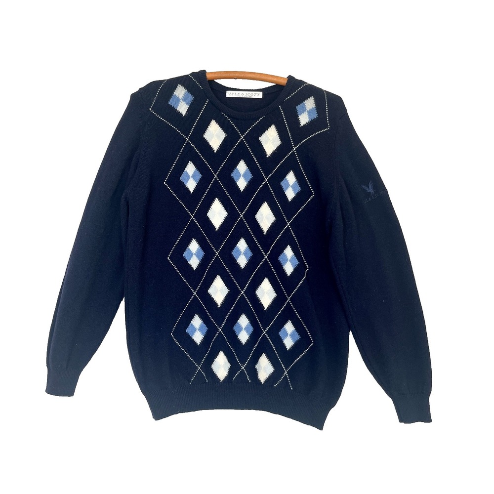 Lyle & Scott Pure New Scottish Wool Blue Argyle Sweater Jumper Mens L Academia